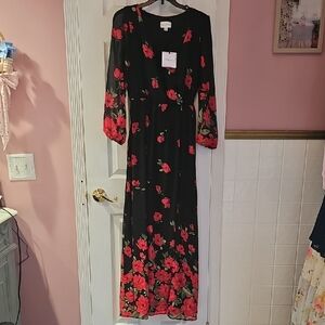 Premier Black and Red Floral Long Sleeve Dress